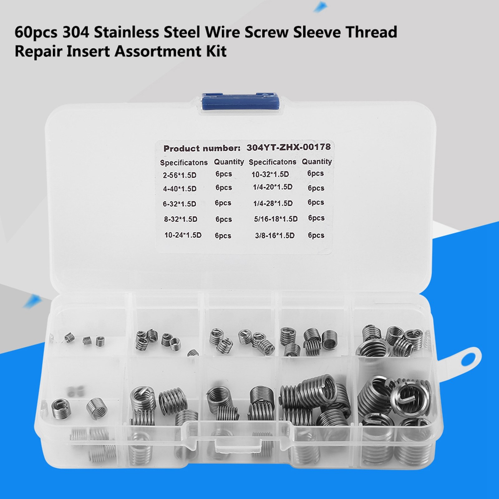 60pcs 304 Stainless Steel Wire Screw Sleeve Thread Repair Insert Assortment Kit