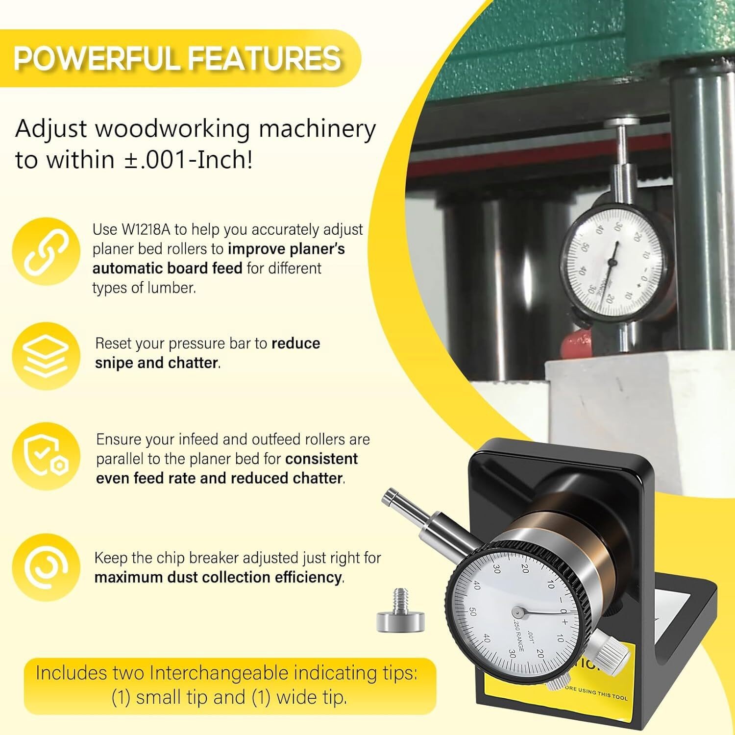 W1218A 360° Dial Indicator with Magnetic Base for Planers Jointers Woodworking