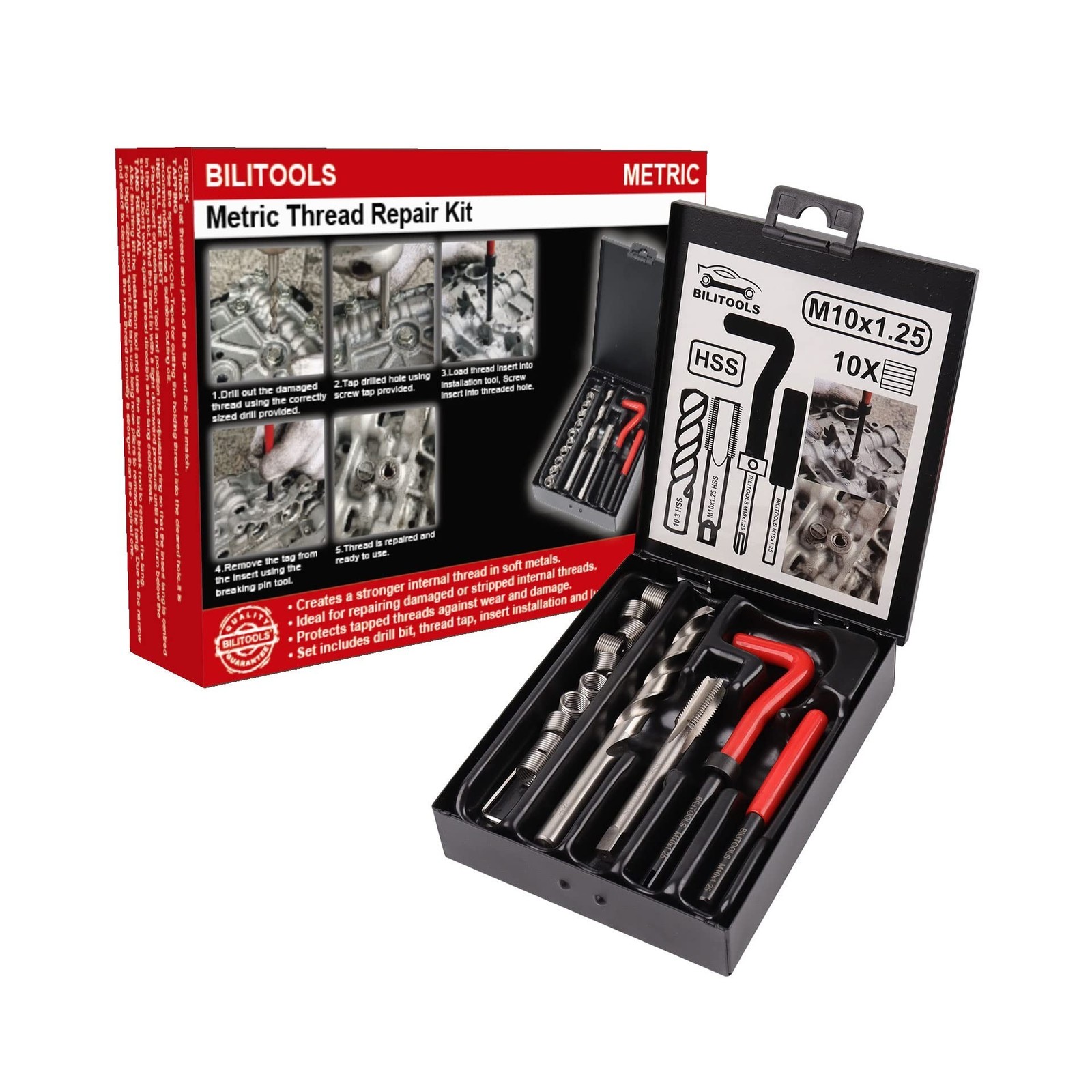 BILITOOLS M10x1.25 Thread Repair Kit, HSS Drill Helicoil Repair Kit Metric