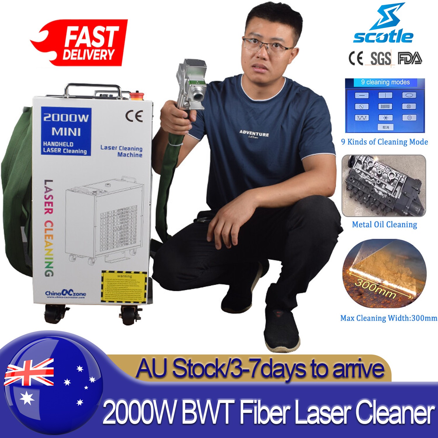 AU 2000W Fiber Laser Cleaning Machine for Metal Oil Rust Paint Removal Cleaner