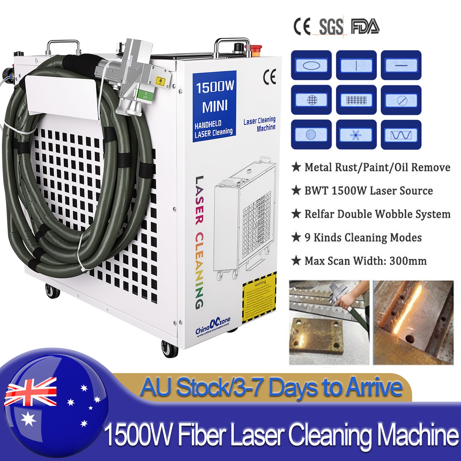 AU Stock 1500W Fiber Laser Cleaning Machine for Car Metal Oil Rust Paint Remover