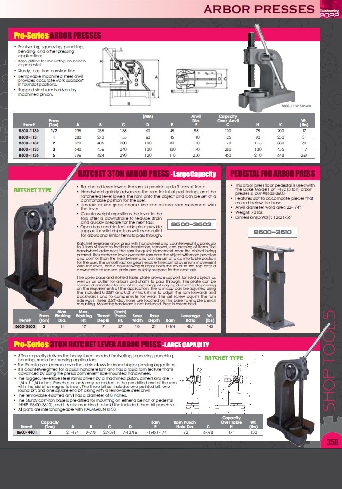 2 TON RATCHET TYPE ARBOR PRESS (8600-3301)