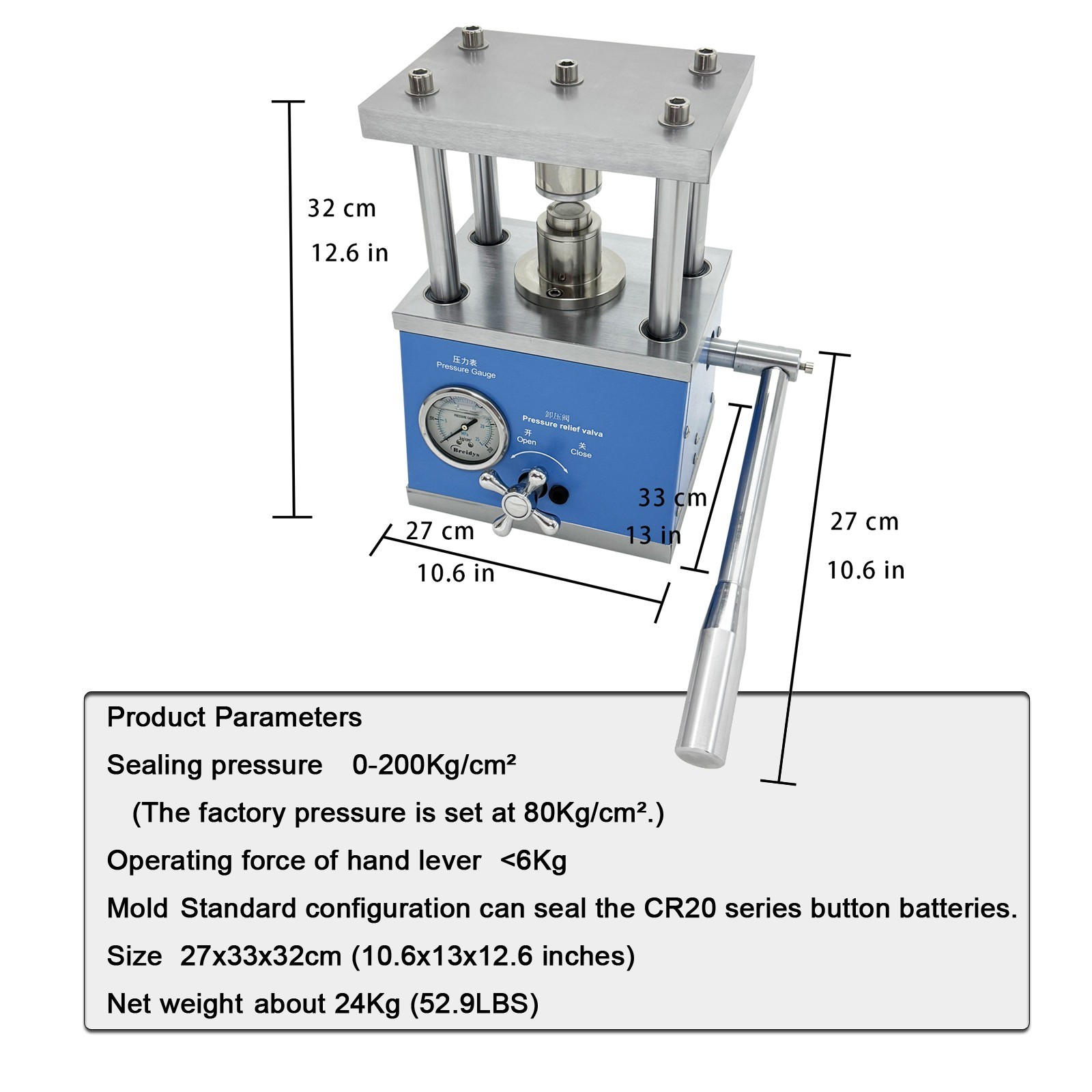 Manual Hydraulic Coin Cell Crimping Machine 0-200Kg/cm² for CR20 Battery