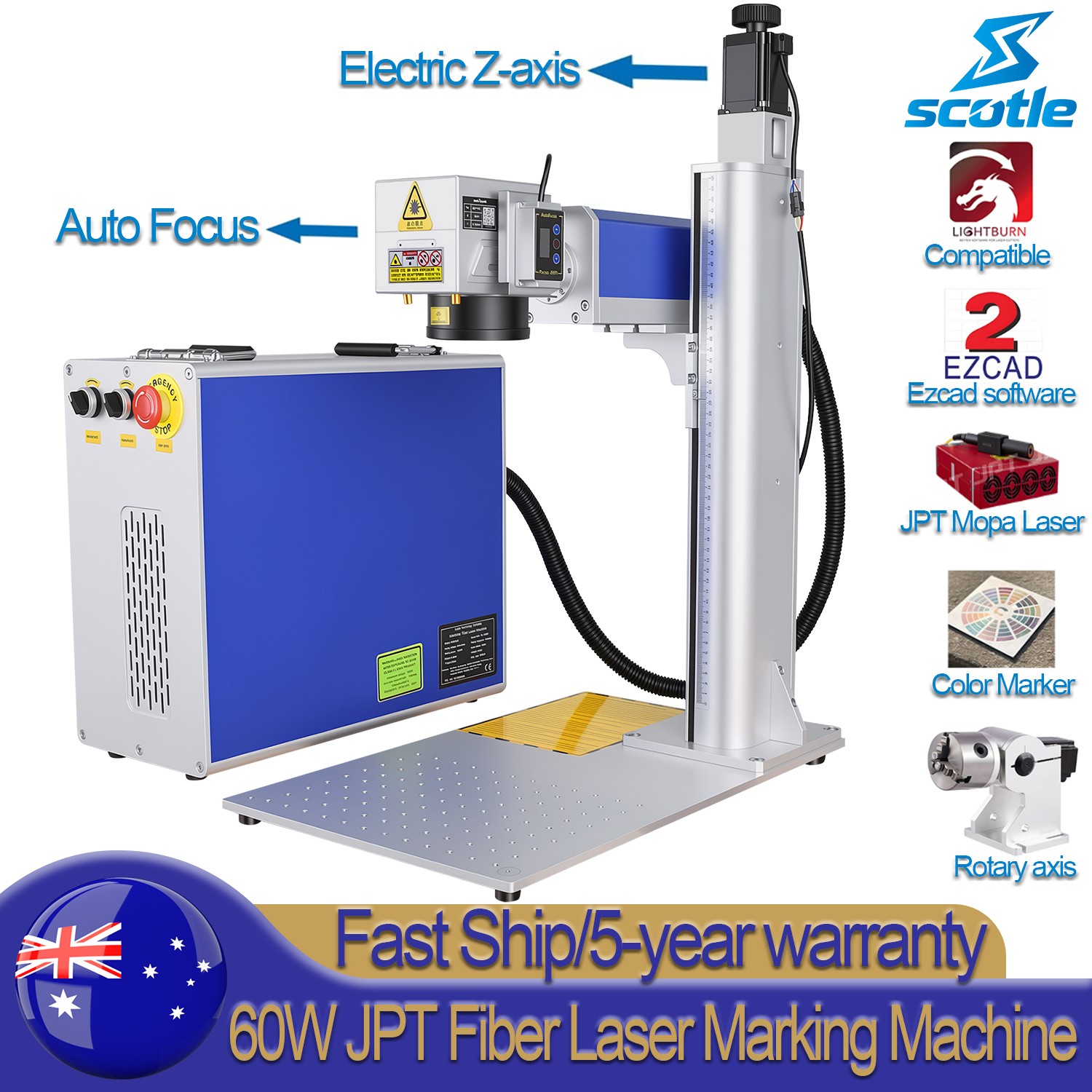 60W Auto Focus JPT MOPA Fiber Laser Marking Engraving Machine Metal Color Marker