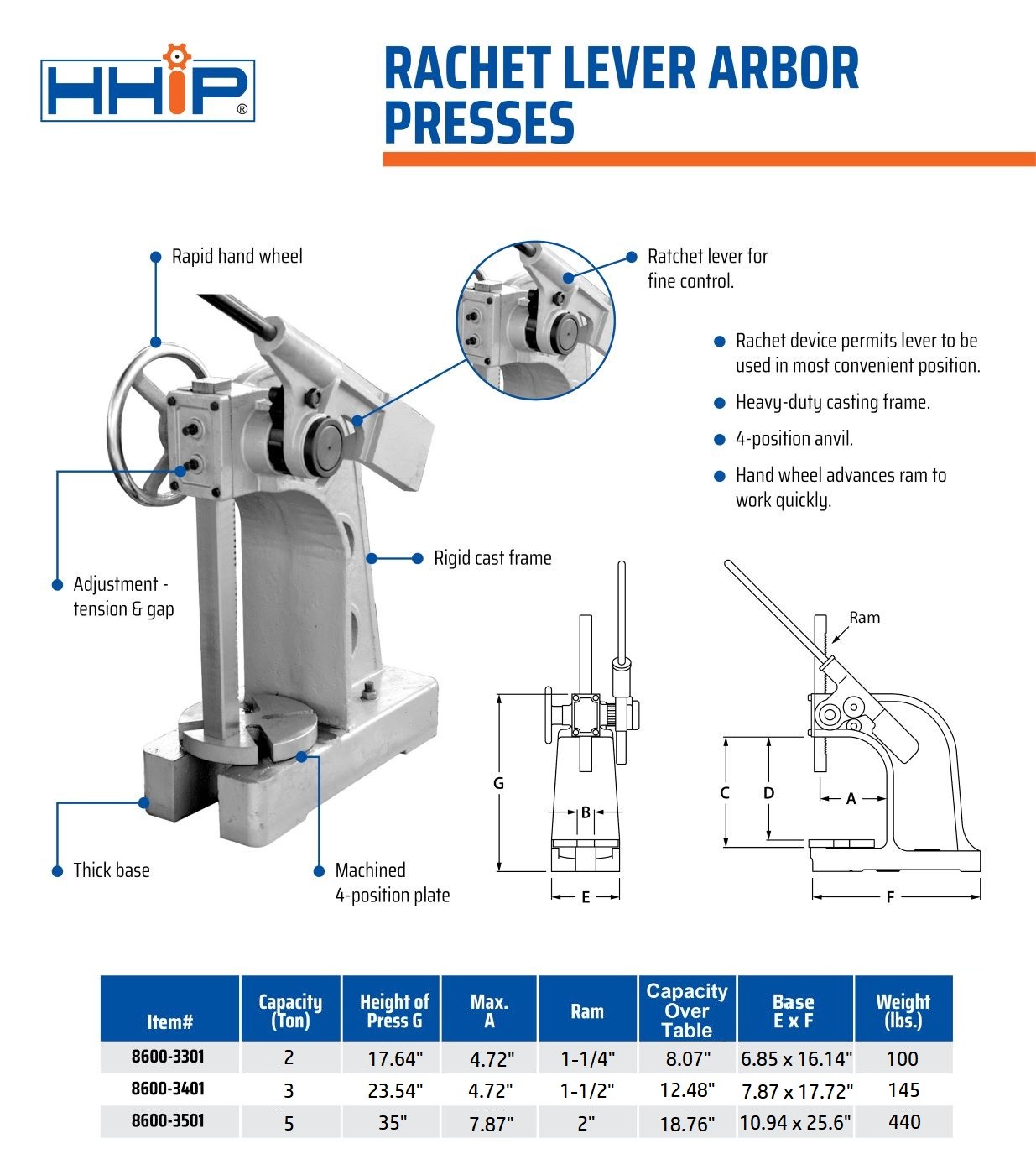 3 TON RATCHET TYPE ARBOR PRESS (8600-3401)