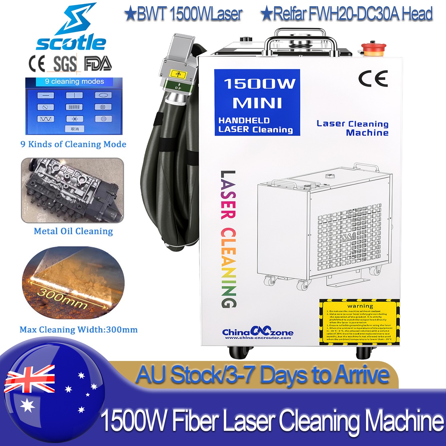 AU Ship 1500W Fiber Laser Cleaning Machine for Metal Car Oil Rust Paint Removal