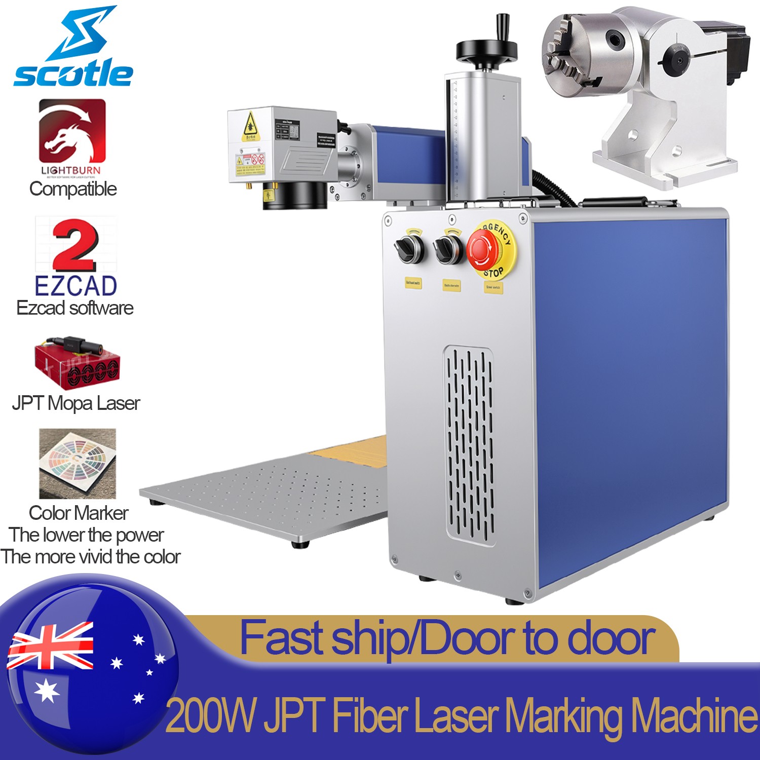200W JPT Mopa Fiber Laser Marking Machine Metal Steel/Aluminum Engraving Rotary