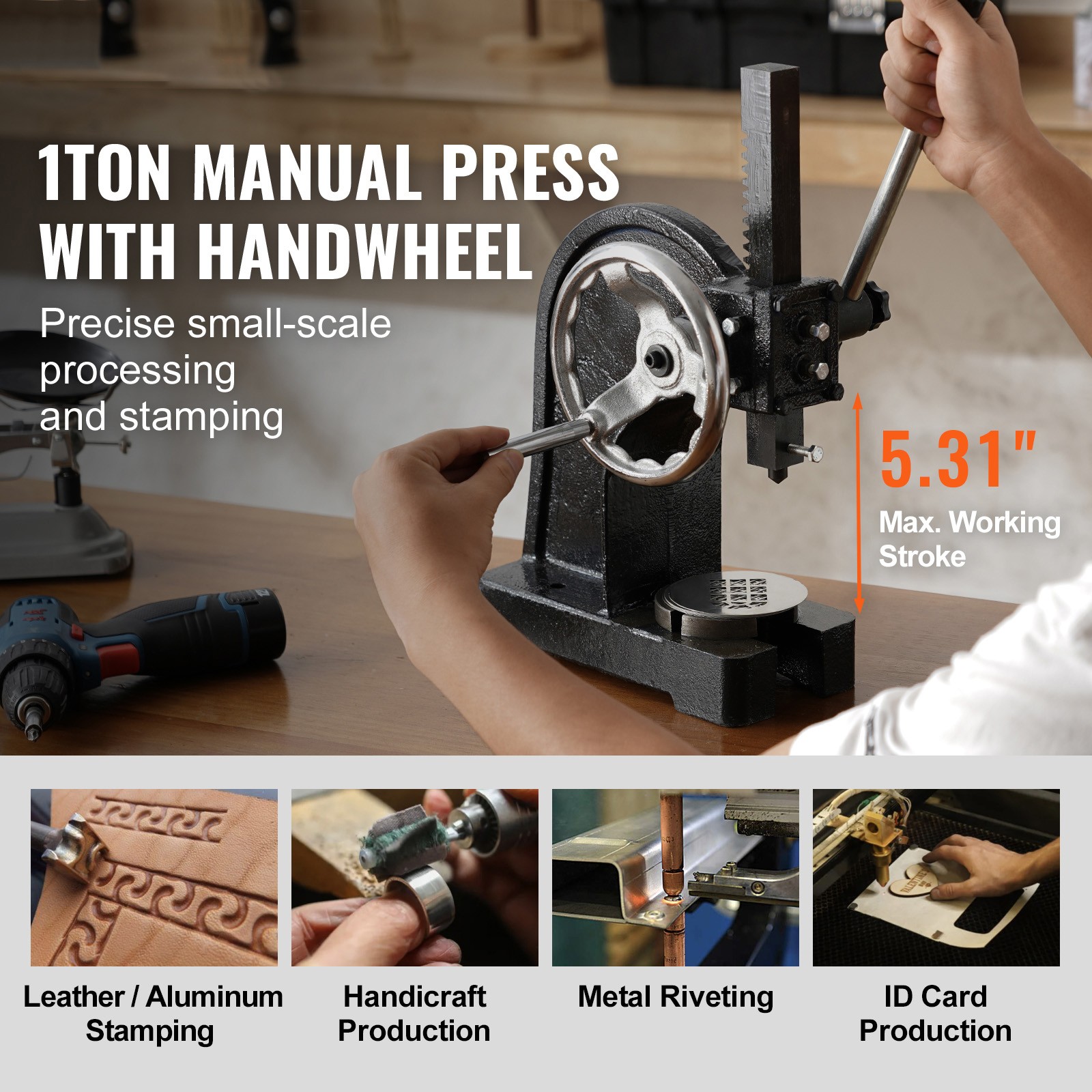 1 Ton Manual Arbor Press Handwheel 5.9″ Height Cast Iron Desktop