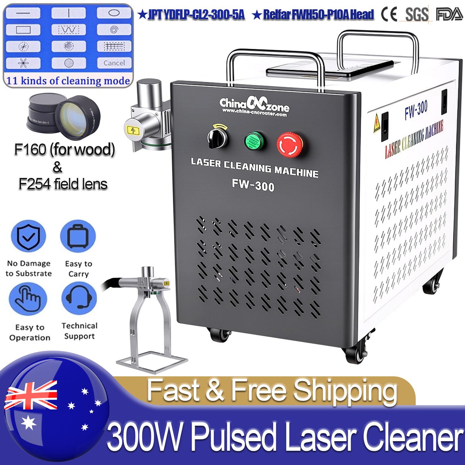 300W JPT Pulsed Laser Cleaning Machine Rust Oil Paint Remove Wood Metal Cleaner