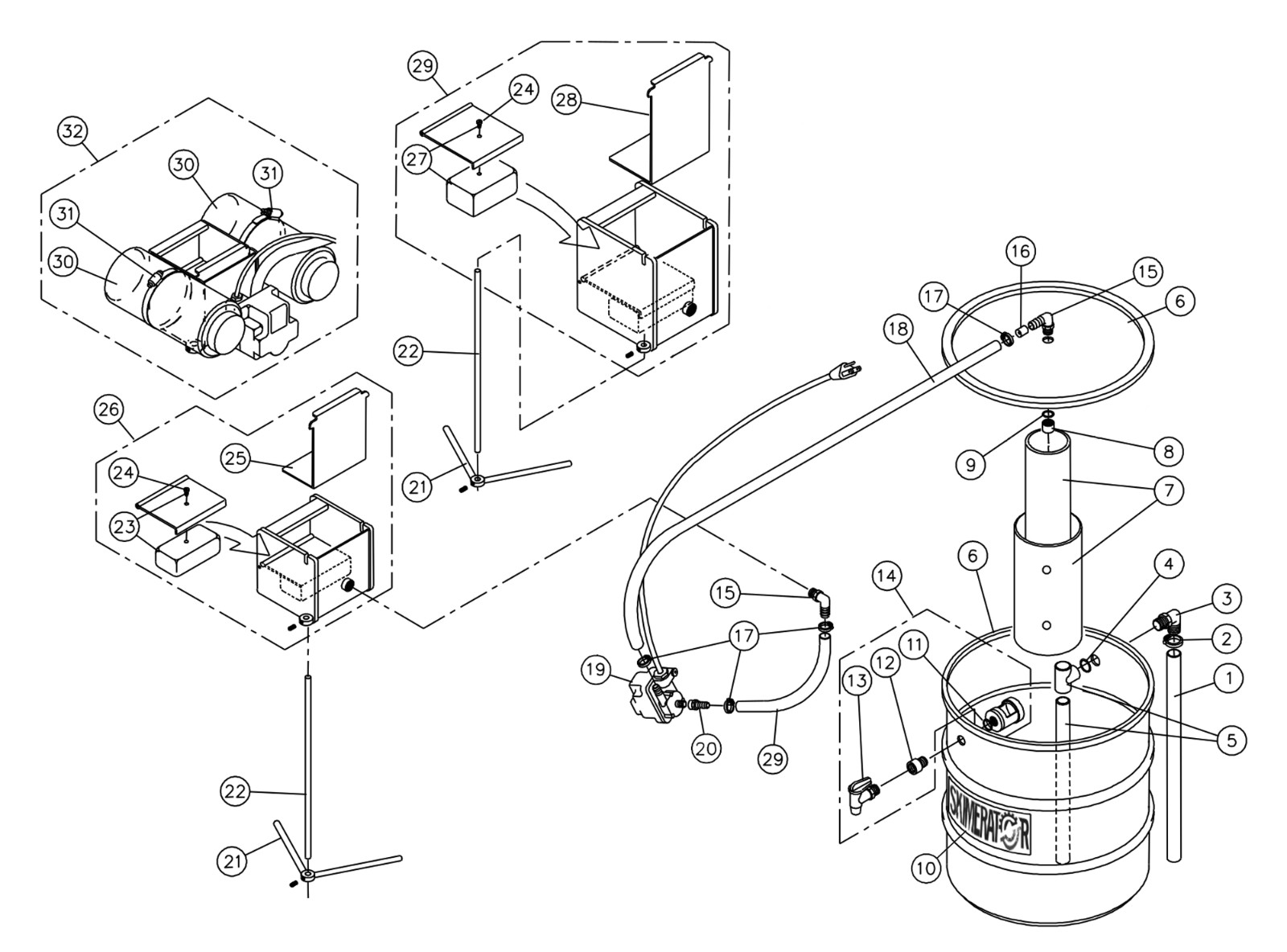 Skimerator Oil Skimmer PN 3200F-5040-3262HD Floating Draft Square Stand HD Motor