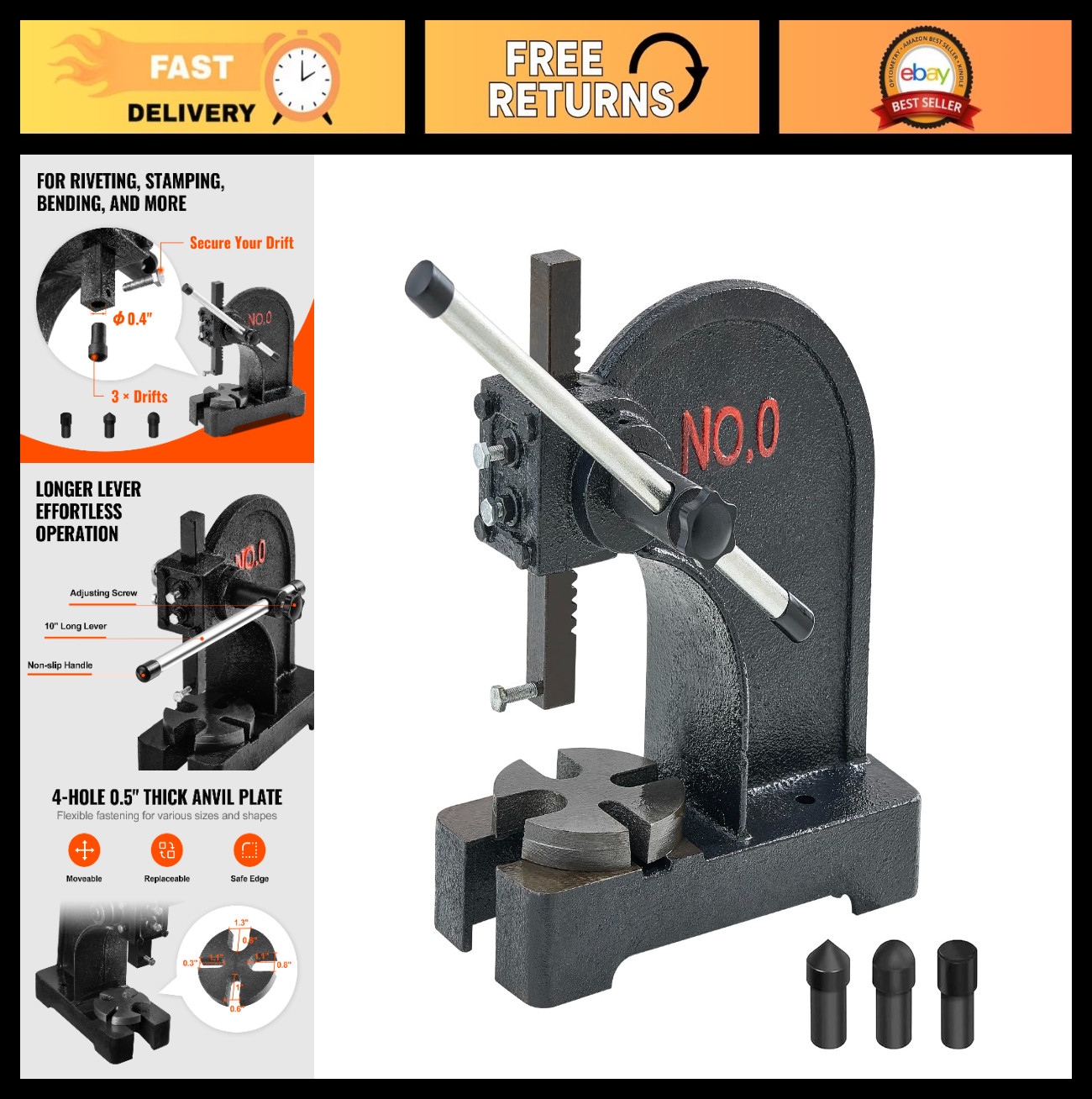 Heavy-Duty 0.5 Ton Manual Arbor Press – Cast Iron Desktop Tool for Stamping, Ben
