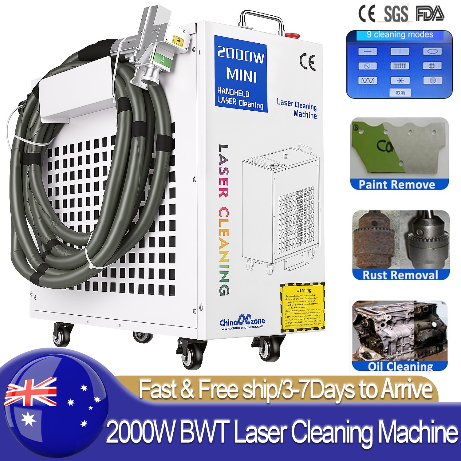 2000W BWT Fiber Laser Cleaning Machine Car Metal Stone Oil Rust Paint Removal AU