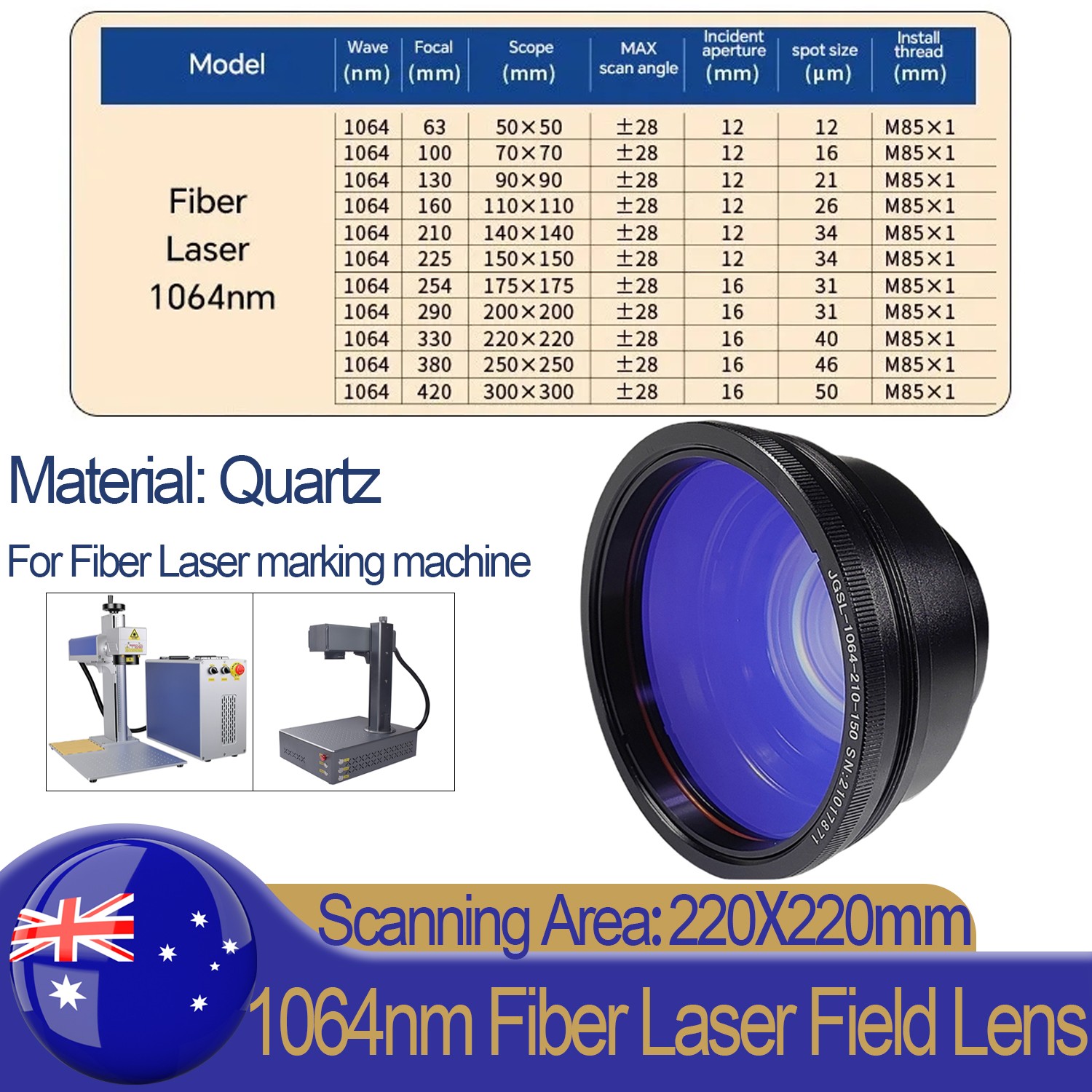 220mm Quartz Field Lens M85 F-theta Scan For 60-300W Fiber Laser Marking Machine