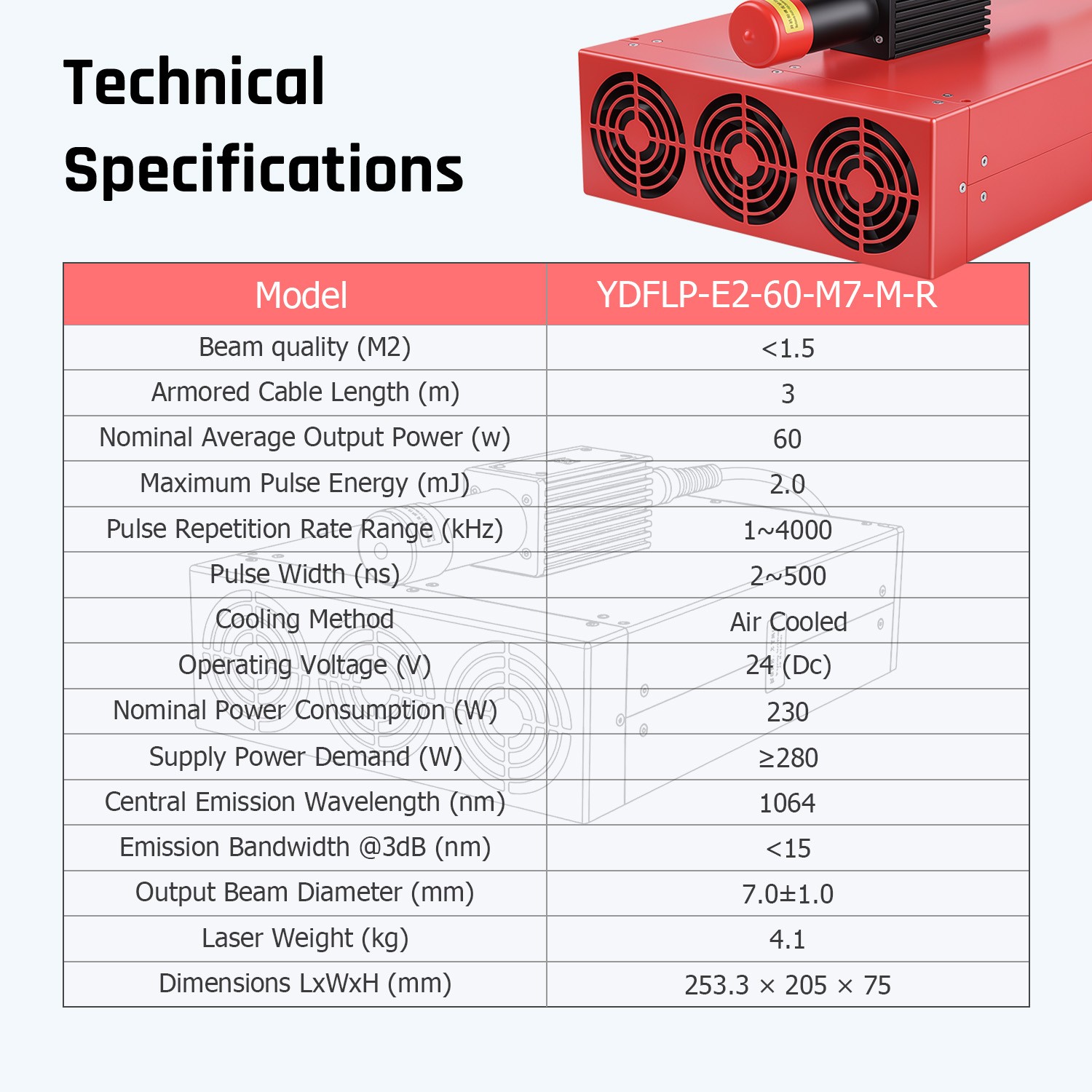 60W JPT YDFLP-E2-M7 MOPA Pulse Laser Source for 1064nm Laser Marking Machine