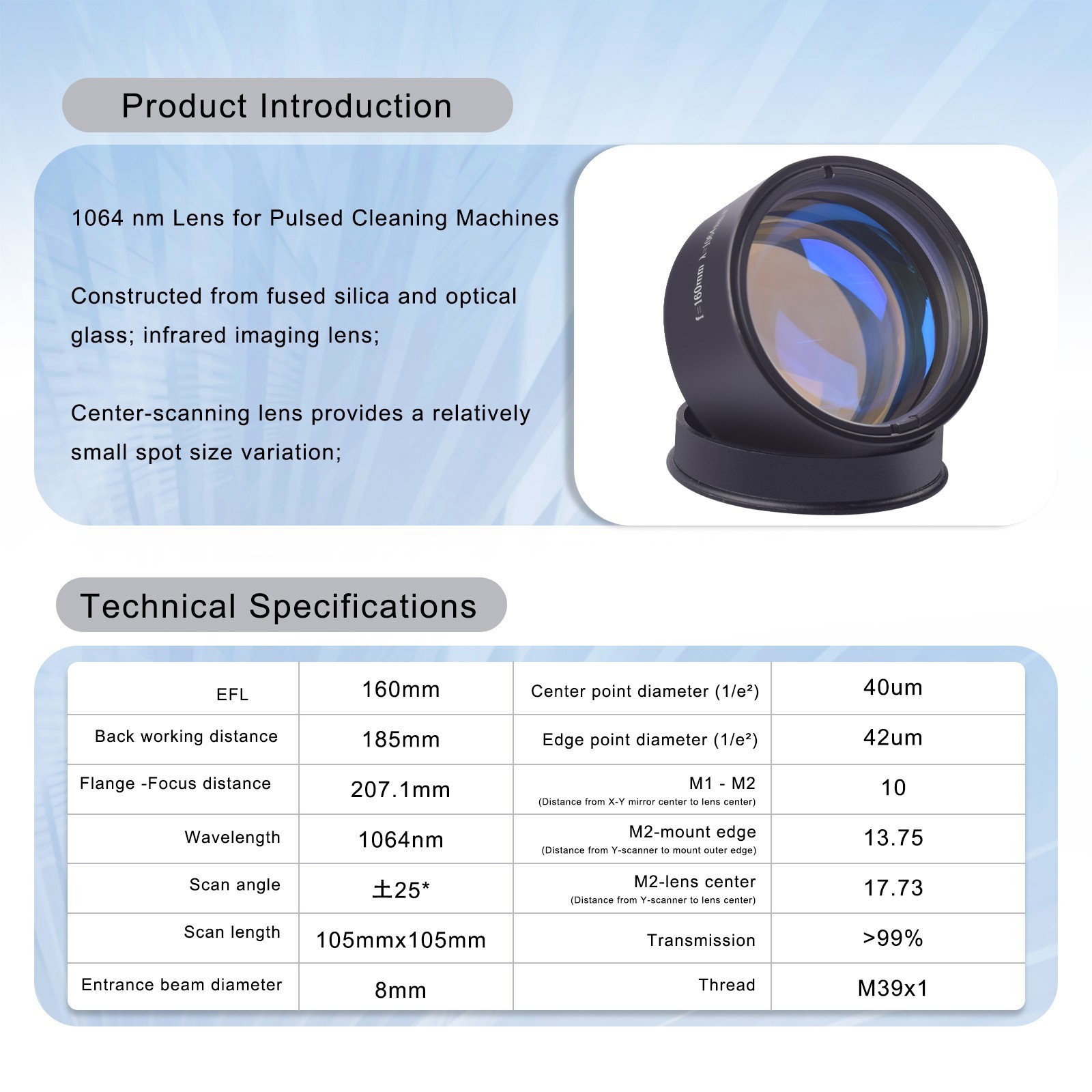 Quartz F160mm Field Lens M39 Scanner Head for Pulsed Laser Cleaning Machine