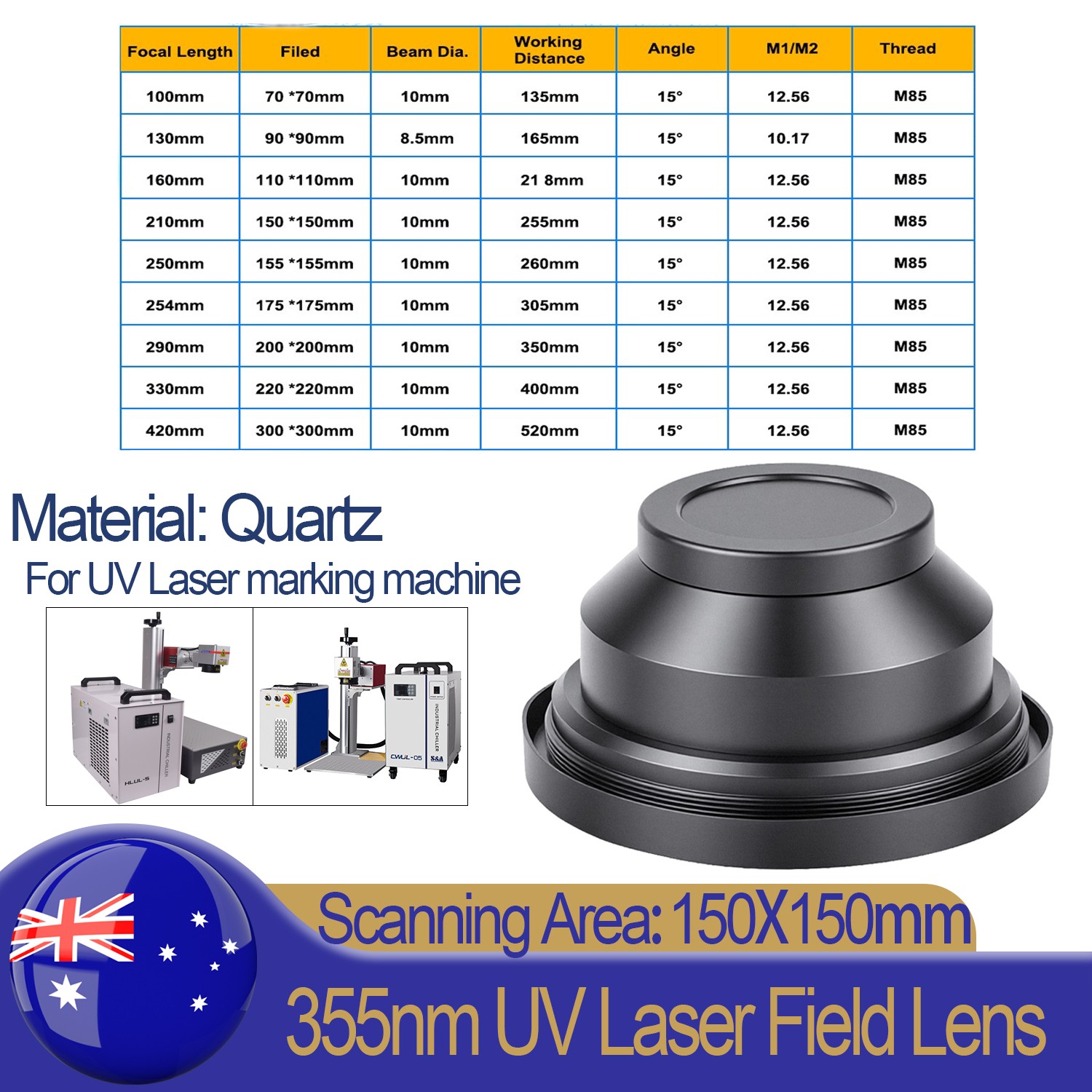 Quartz 150mm Field Lens For 5W-15W UV 355nm Laser Marking Machine EngraverMarker