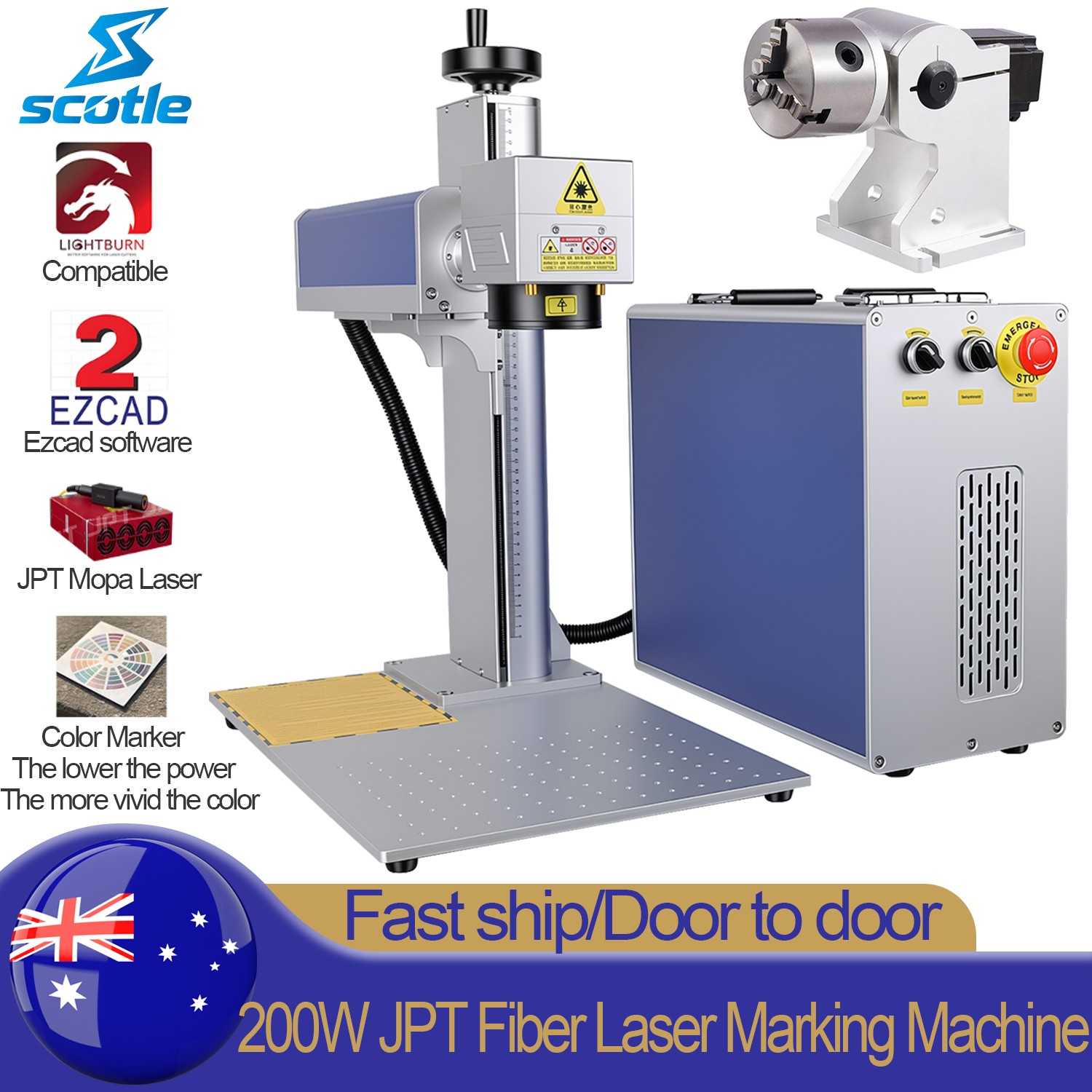 200W JPT Mopa Fiber Laser Marking Machine Metal Steel Aluminum Engrave Rotary AU