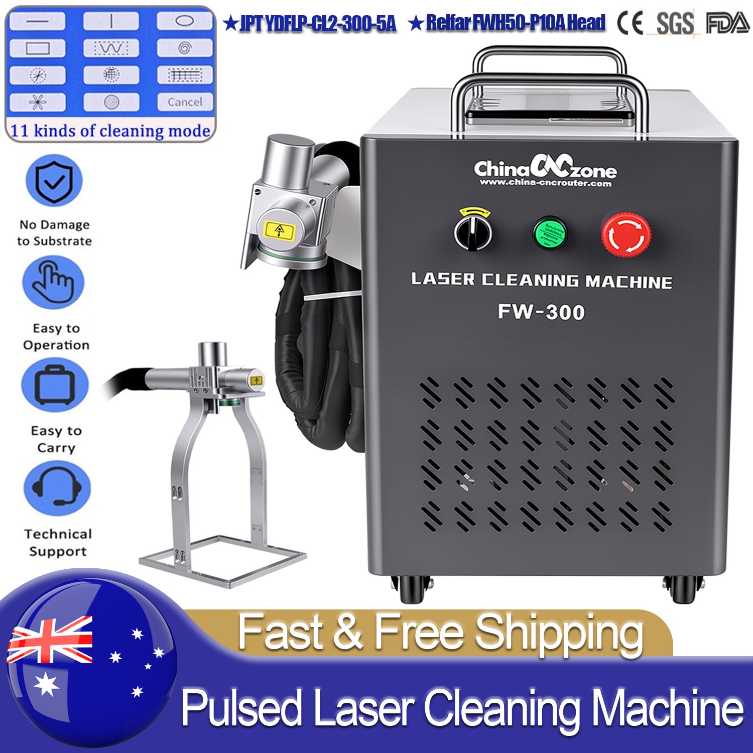 JPT 5mJ 300W Pulsed Laser Cleaning Machine For Metal Wood Cleaning Paint Remove