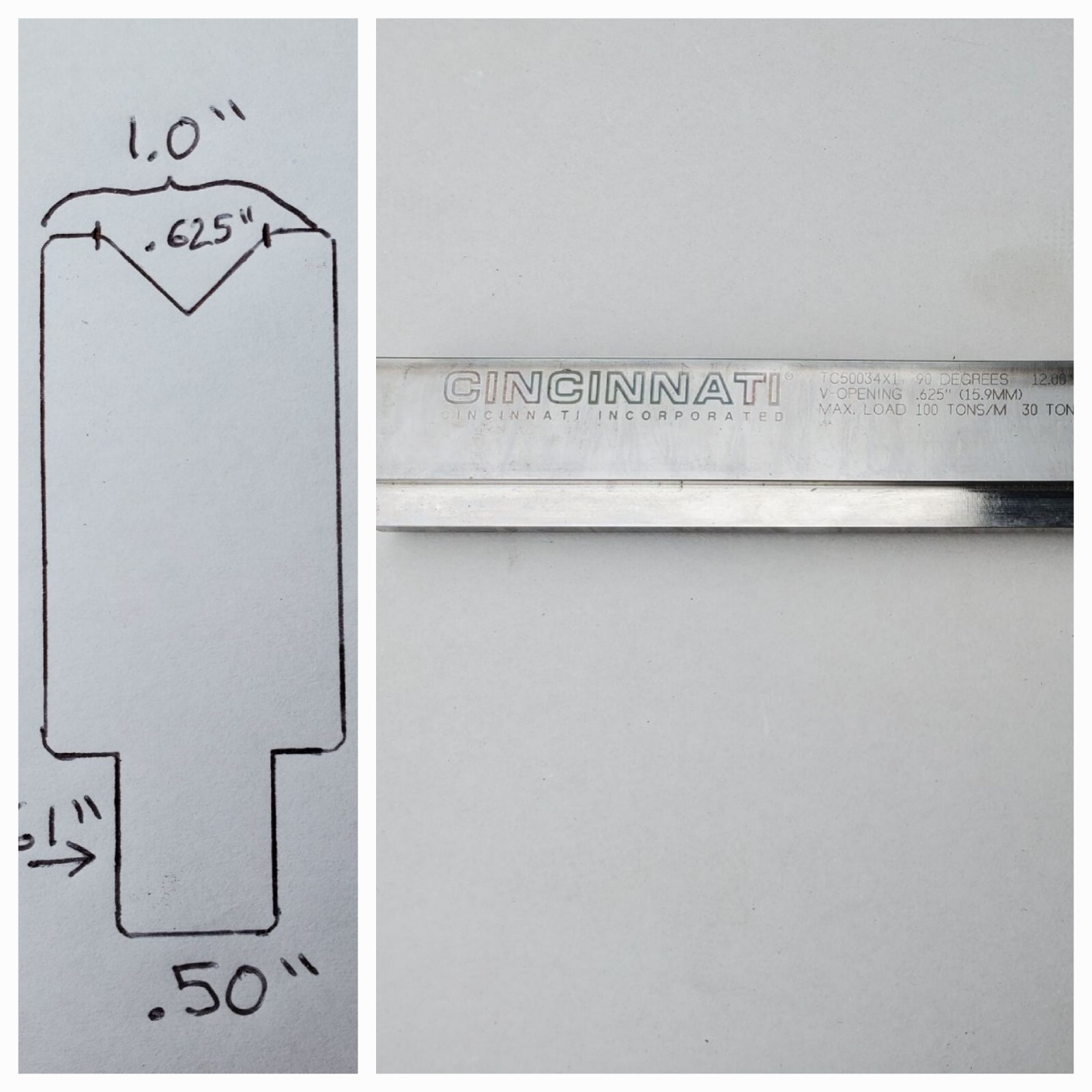 Cincinnati Incorporated TC50034X1 Die V-Opening .625″ 90 Degree 12″ 3″ 1″