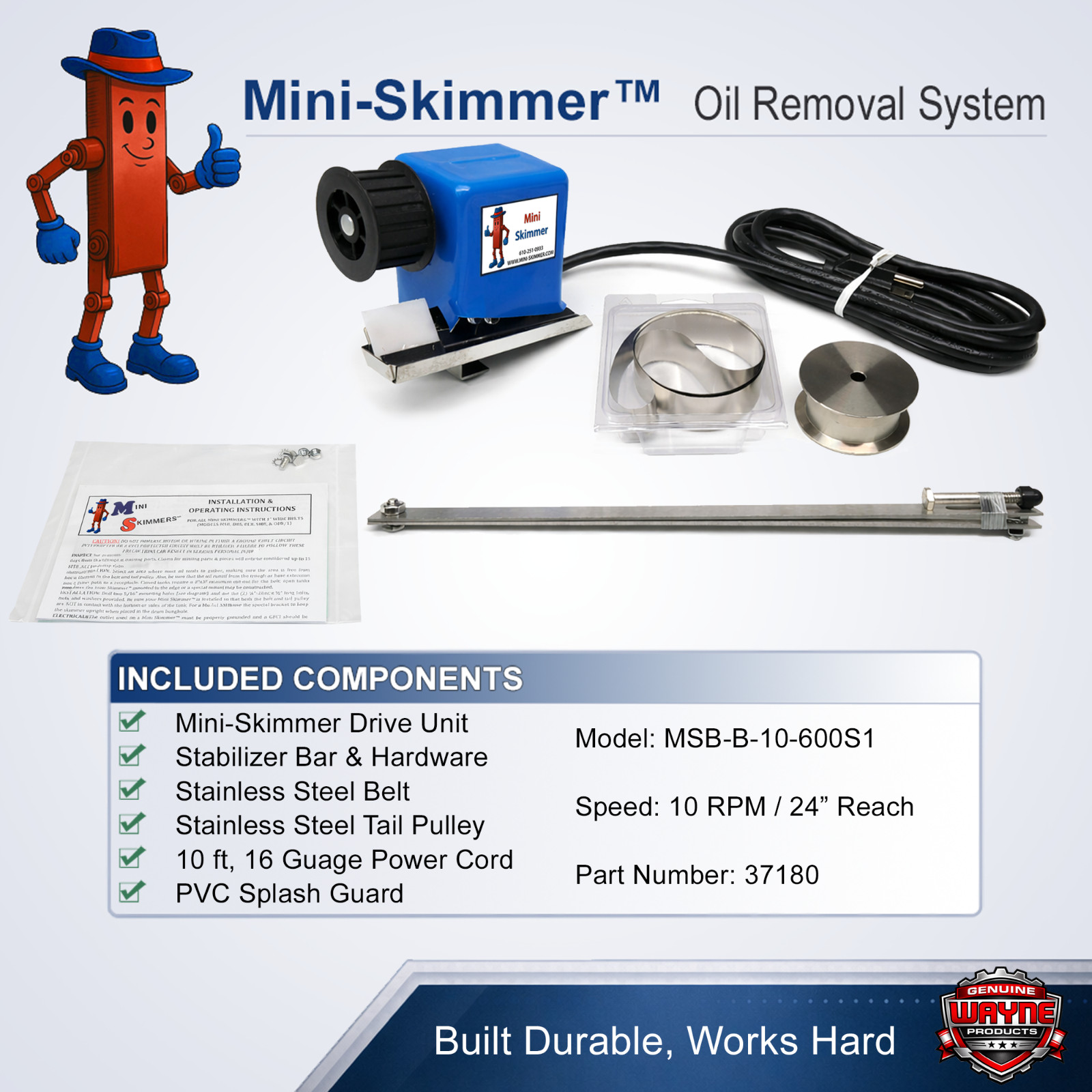 Mini Oil Skimmer Stainless Steel Belt 24″ Reach, 10RPM Coolant Tank Parts Washer