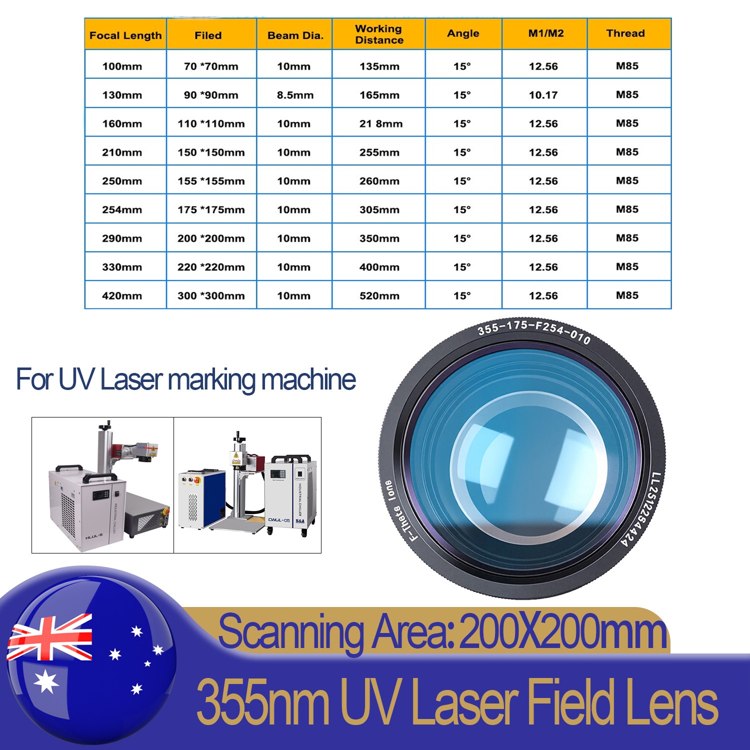 High Quality 200mm Field Lens For 5W-15W 355nm UV Laser Marking Machine Engraver