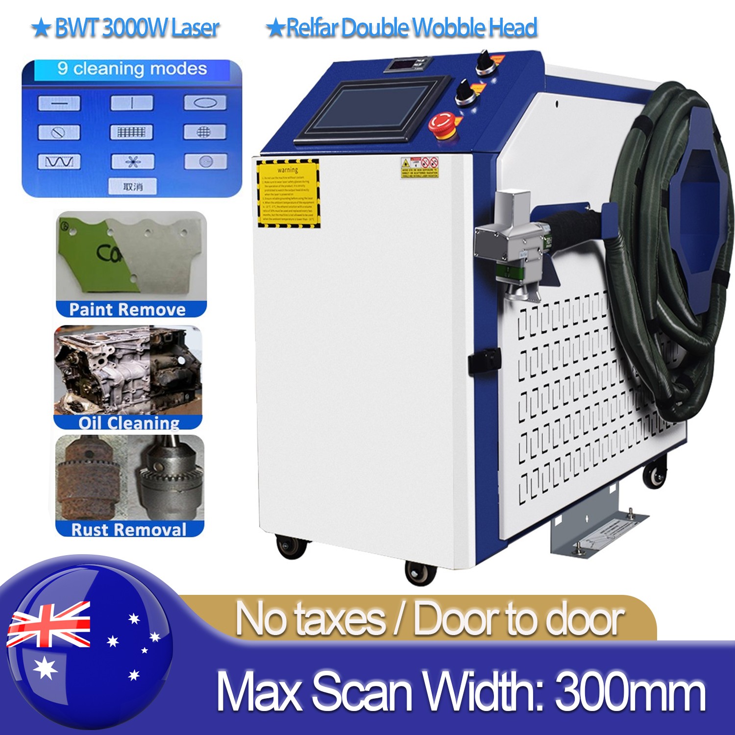 3000W 380V Double Wobble Fiber Laser Cleaning Machine Rust Oil Paint Remover AU