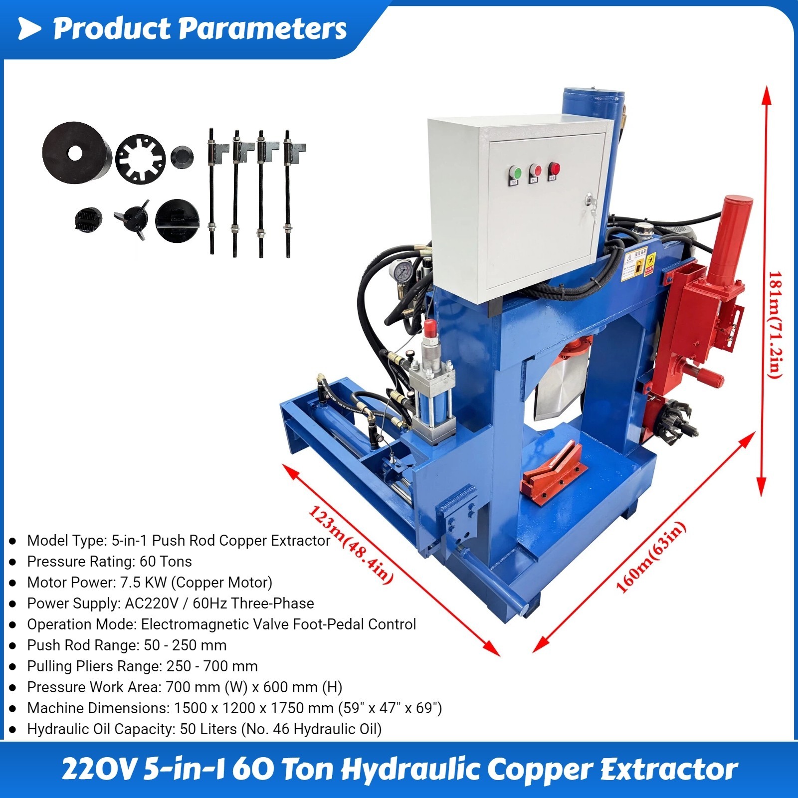 220V 3PH 5-in-1 60 Ton Hydraulic Copper Extractor Motor Stator Recycling Machine