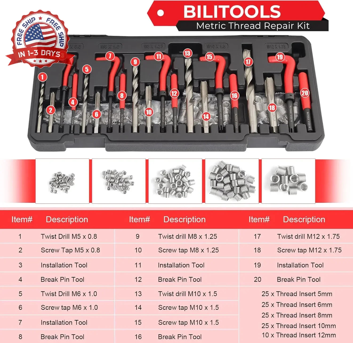 BILITOOLS Helicoil Thread Repair Kit Metric, 131-Piece HSS Drill Heli Coil Repai