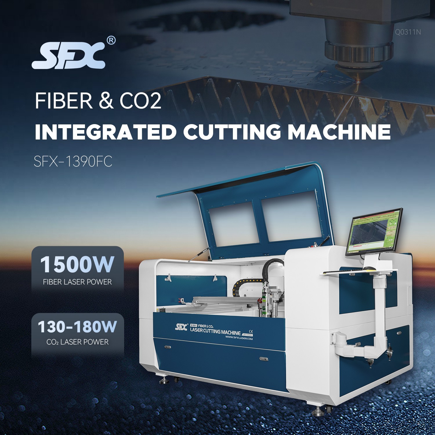 SFX 1500W Fiber and 180W CO2 Integrated Cutting Machine Laser Cutter 1300*900mm