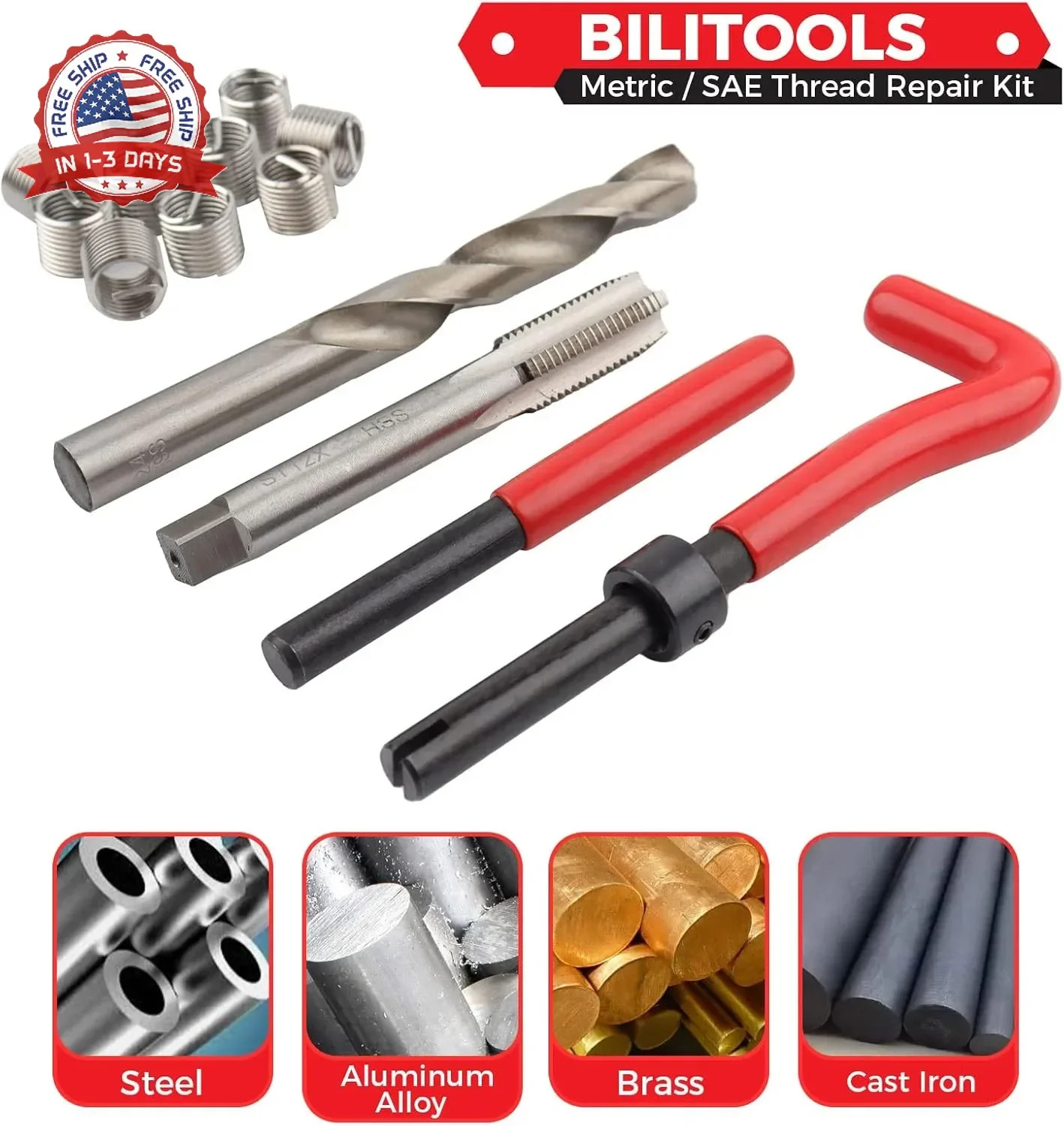 BILITOOLS Helicoil Thread Repair Kit Metric, 131-Piece HSS Drill Heli Coil Repai
