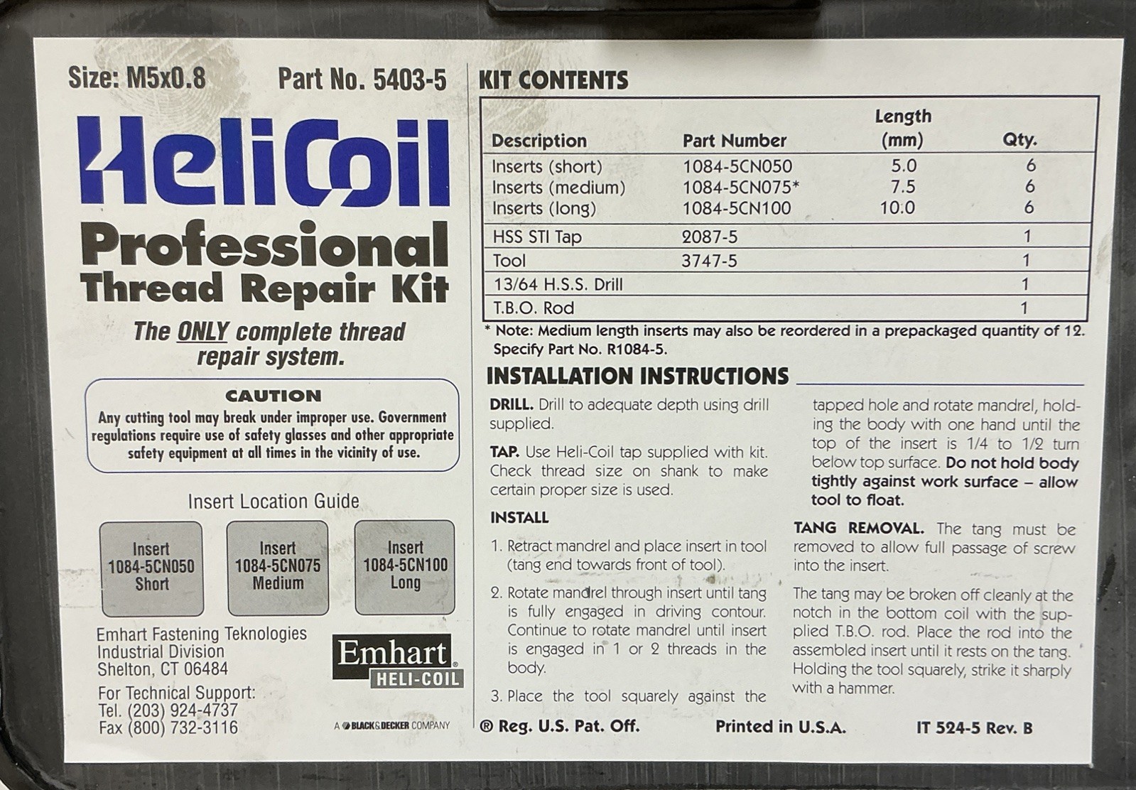 HELICOIL 5403-5 PROFESSIONAL THREAD REPAIR KIT M5x0.8 , REV.B, FREE SHIPPING
