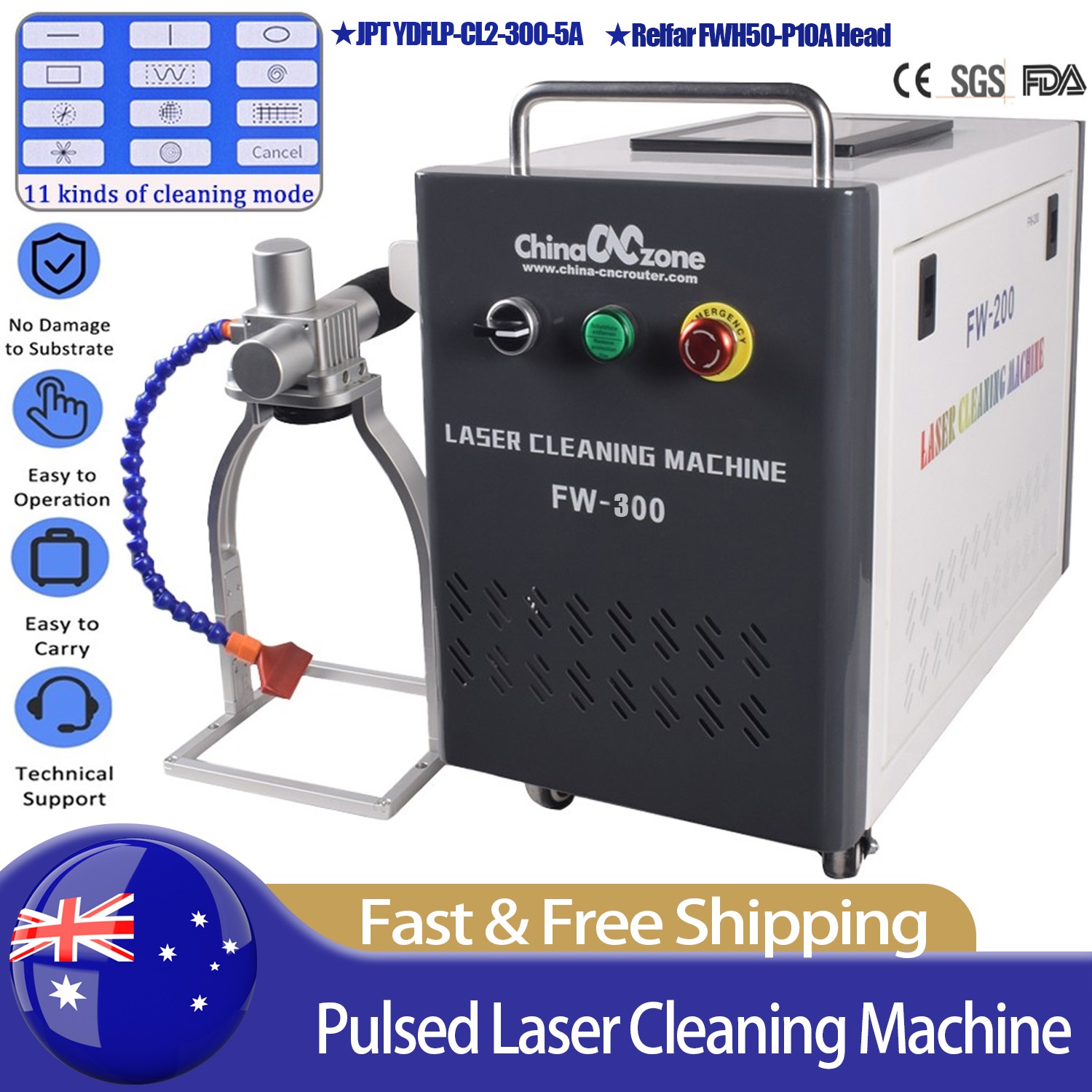 JPT 300W Portable Pulsed Laser Cleaning Machine Metal Rust Wood Paint Cleaner AU