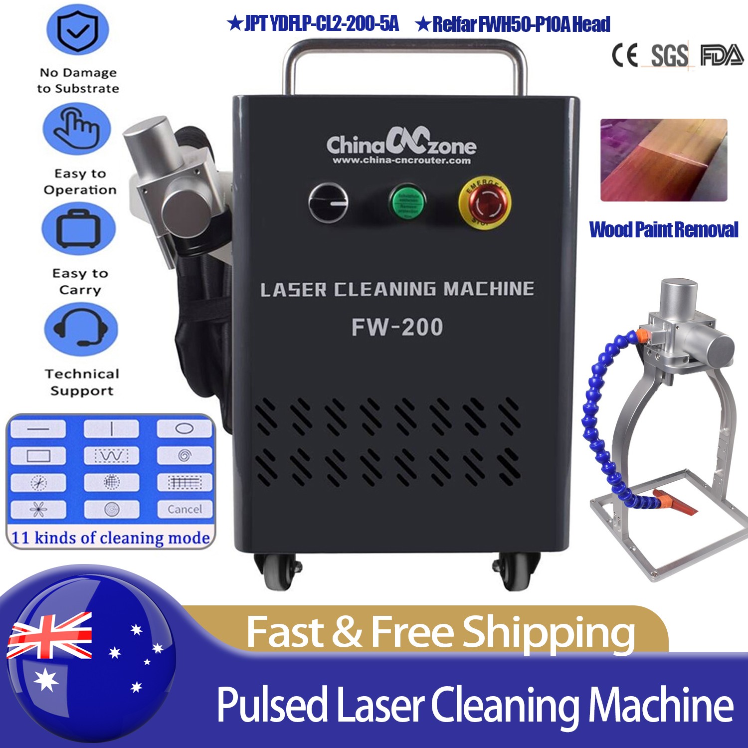 JPT 200W Portable Pulsed Laser Cleaning Machine Metal Wood Rust Paint Removal AU