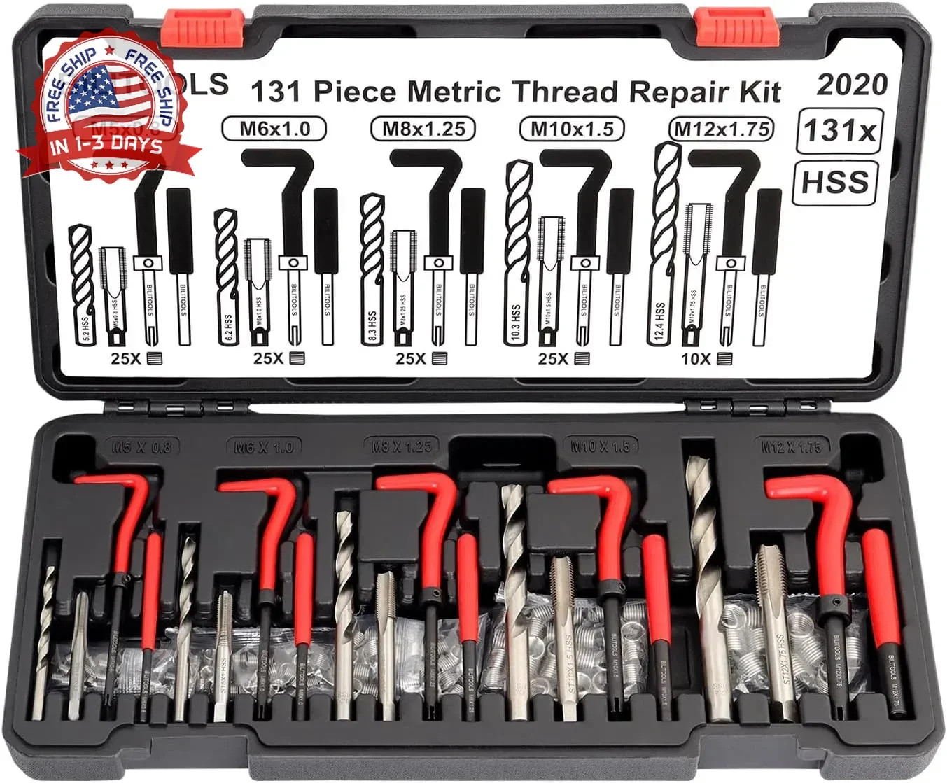 BILITOOLS Helicoil Thread Repair Kit Metric, 131-Piece HSS Drill Heli Coil Repai