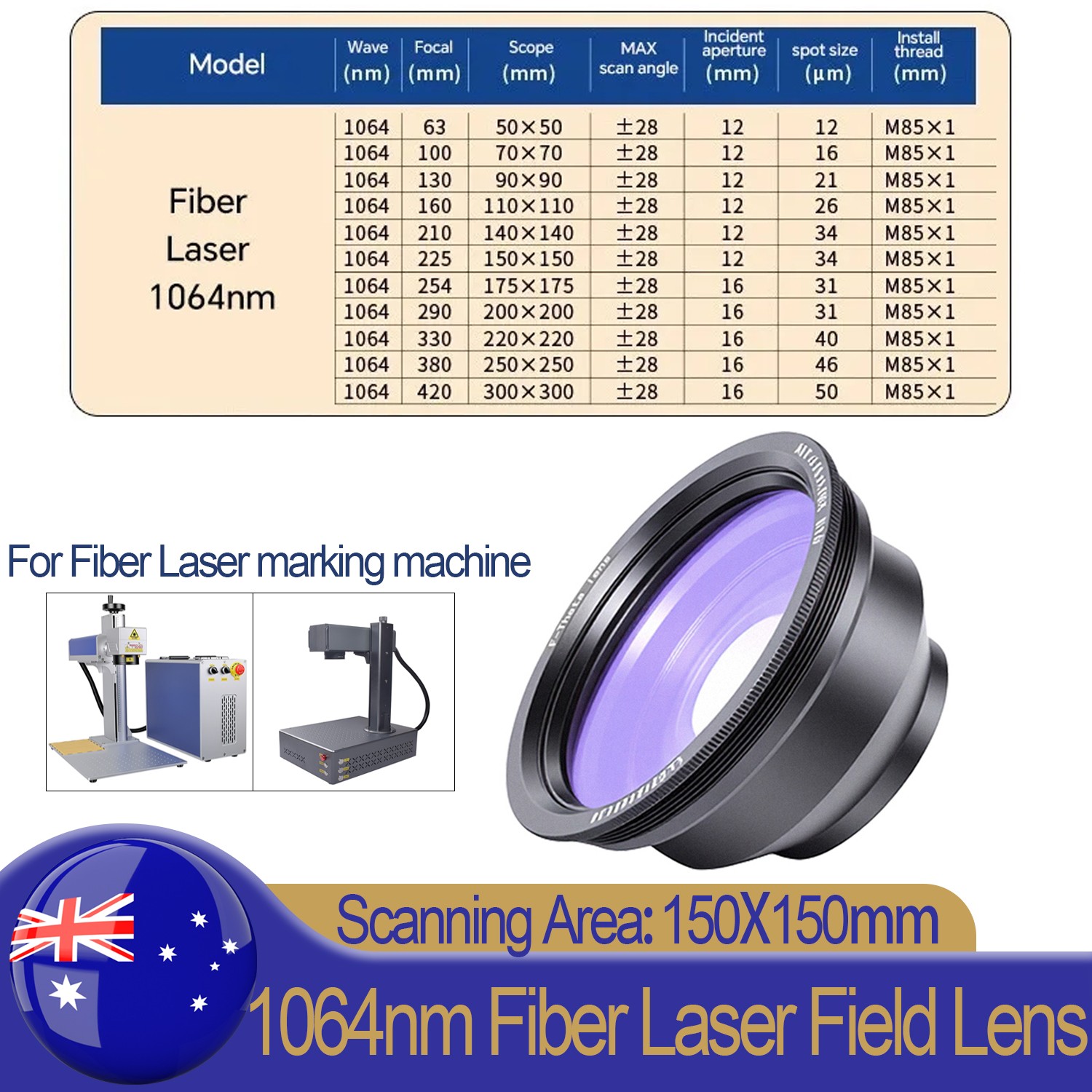 150mm Field Lens F-theta Scan M85 Thread For 30-100W Fiber Laser Marking Machine