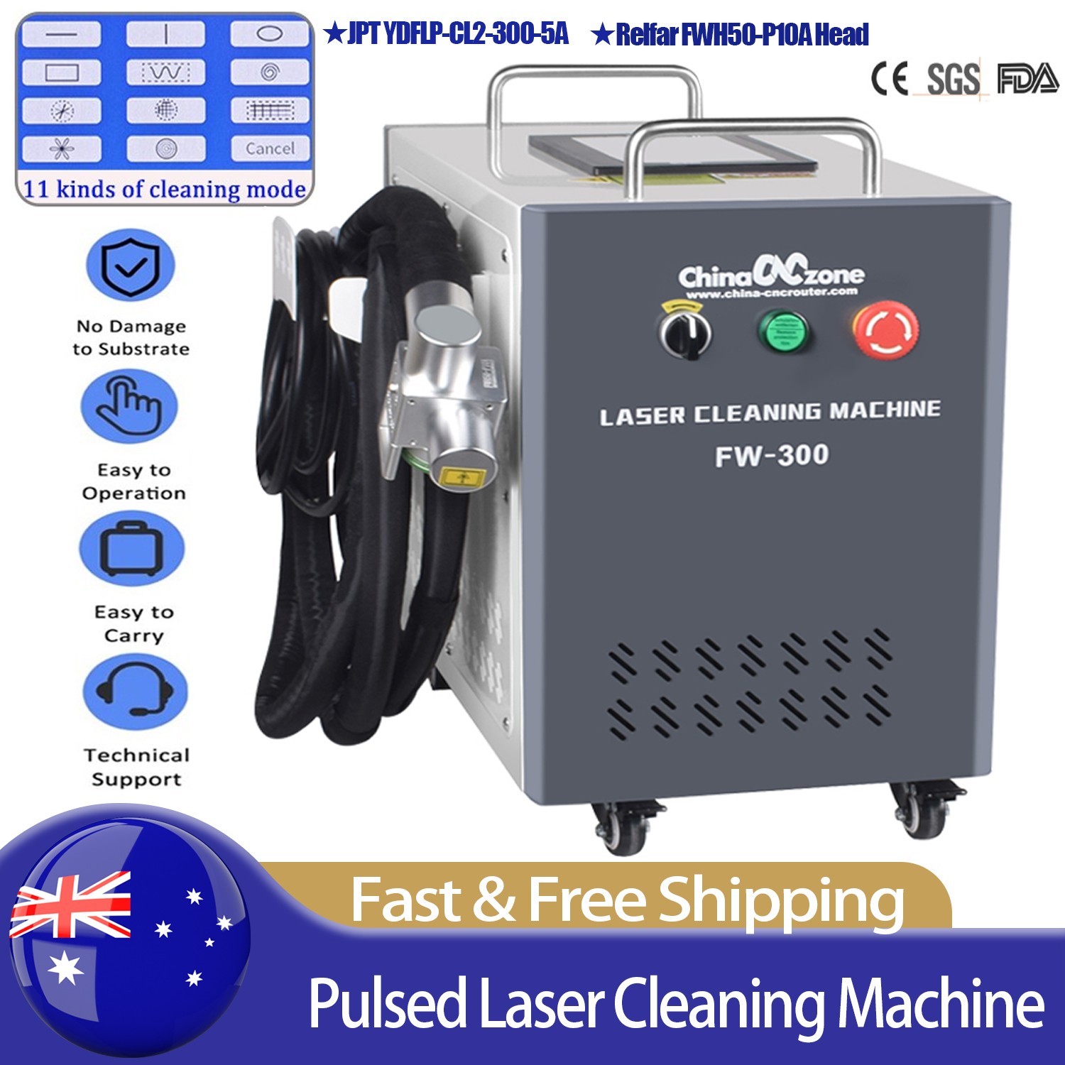 JPT 300W Portable Pulsed Laser Cleaning Machine Metal Rust Wood Paint Remover AU