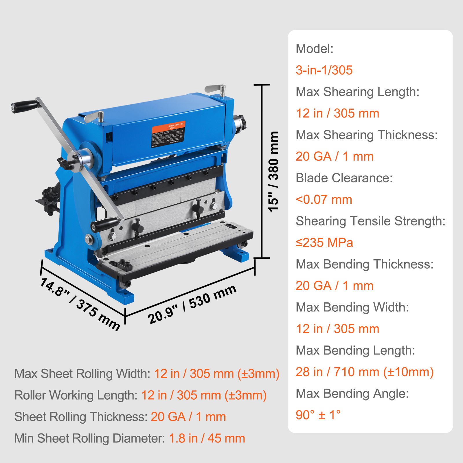 Uimoso 12-Inch Sheet Metal Shear 3-in-1 Combo Shear Brake Roll Machine, 20 GA