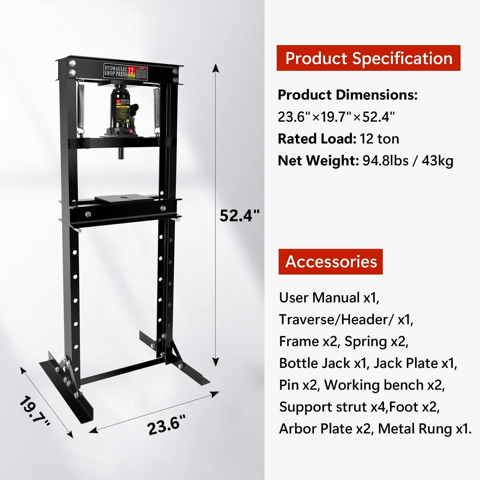 12 Ton Hydraulic Shop Press, 26000lbs Heavy Duty h-Frame Garage Floor Hydraul…